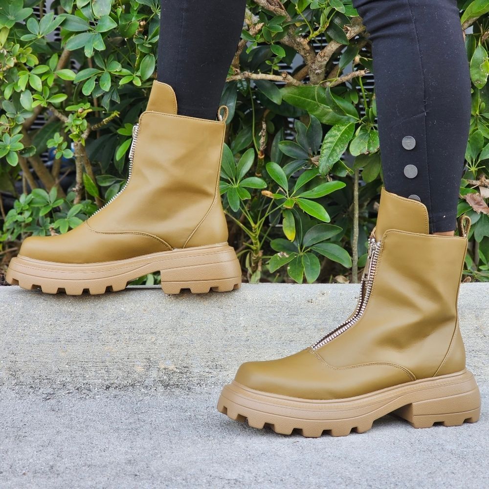 Womens Platform Combat Ankle Boots Olive Color - Picture 2 of 5